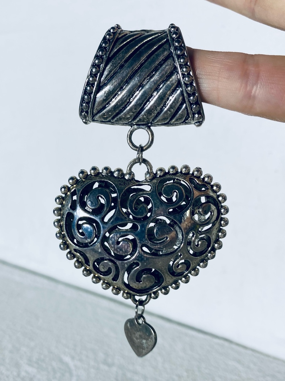Vintage Silver Tone Filigree Heart Slide Pendant Chunky Statement Hardware